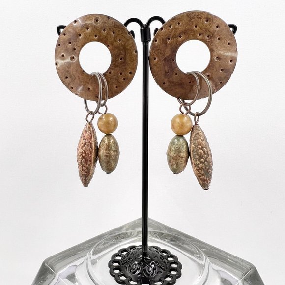 NWOT - Artisan BOHO Brass Tone Textured Metal Dangle Post Earrings - Picture 2 of 6